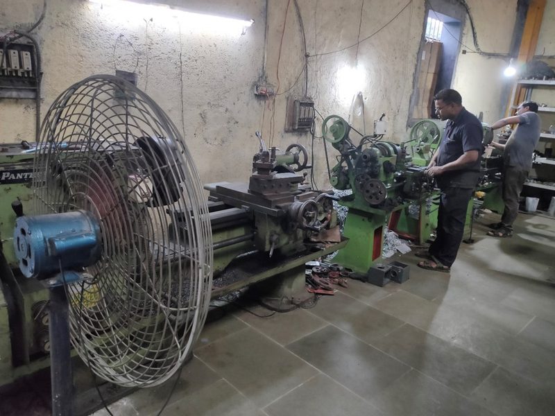 Turning work in progress on the lathes.