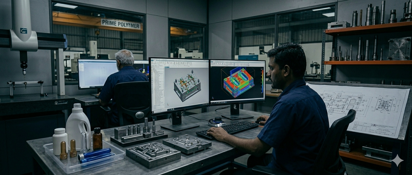 CAD Workstation displaying engineering mold drawings